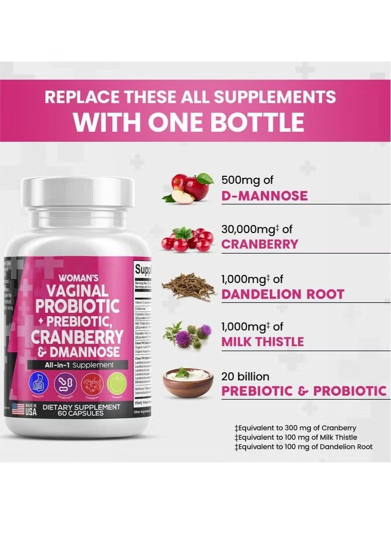 Probiotic Live Probiotics for Women + Prebiotics 20 Billion Cranberry Pills 30,000mg w/D-Mannose 500 mg for Urinary Tract Health pH Balance - Womens Vitamins for l Health 60 Capsules - Image 2